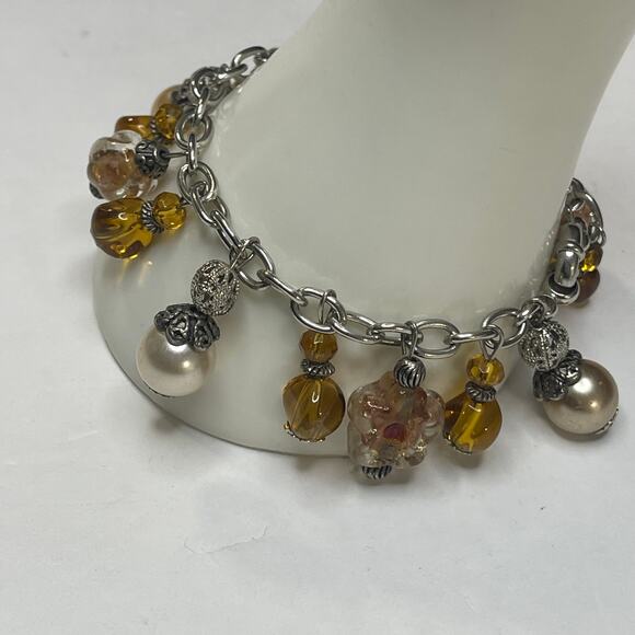 bracelet signed costume jewelry charm style faux pearl silver amber color beads - Picture 1 of 9